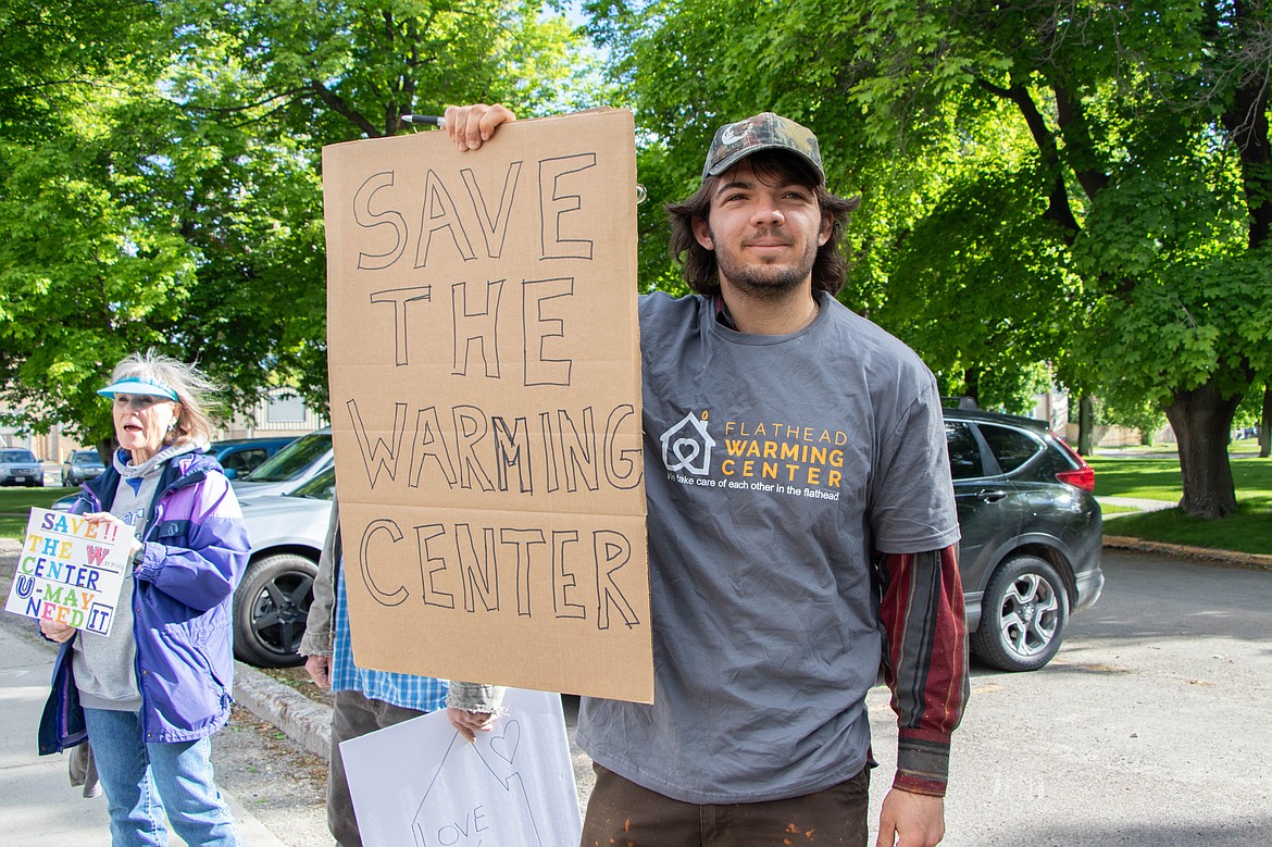 Whitefish resident Bobby Oshaben expresses support for the Flathead Warming Center at a rally on May 30, 2024. (Kate Heston/Daily Inter Lake)