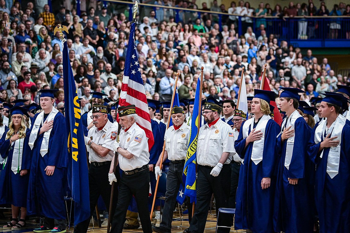 Kalispell Veterans of Foreign Wars Post 2252 gives the color guard presentation at the Glacier High School class of 2024 graduation ceremony on Saturday, June 1. (Casey Kreider/Daily Inter Lake)