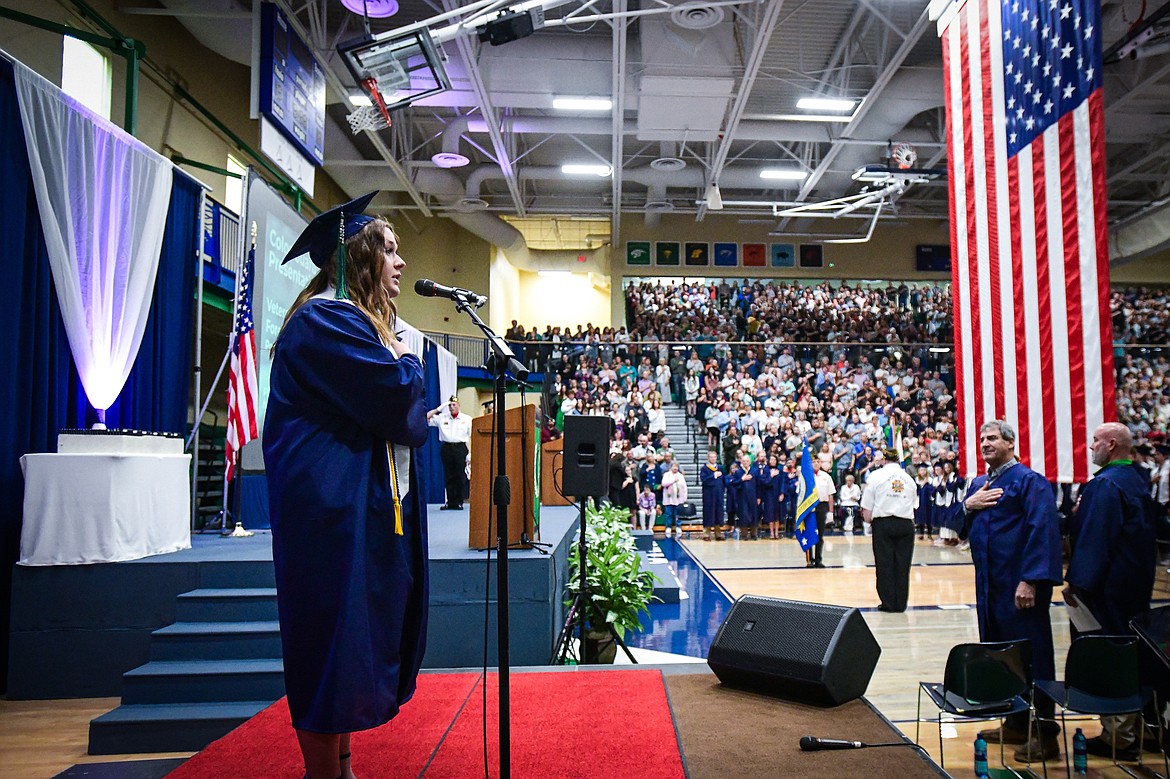 Graduate Alli Buls sings the national anthem at the Glacier High School class of 2024 graduation ceremony on Saturday, June 1. (Casey Kreider/Daily Inter Lake)