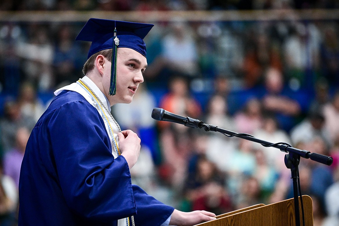 Student speaker Blake Lindemann addresses the crowd at the Glacier High School class of 2024 graduation ceremony on Saturday, June 1. (Casey Kreider/Daily Inter Lake)