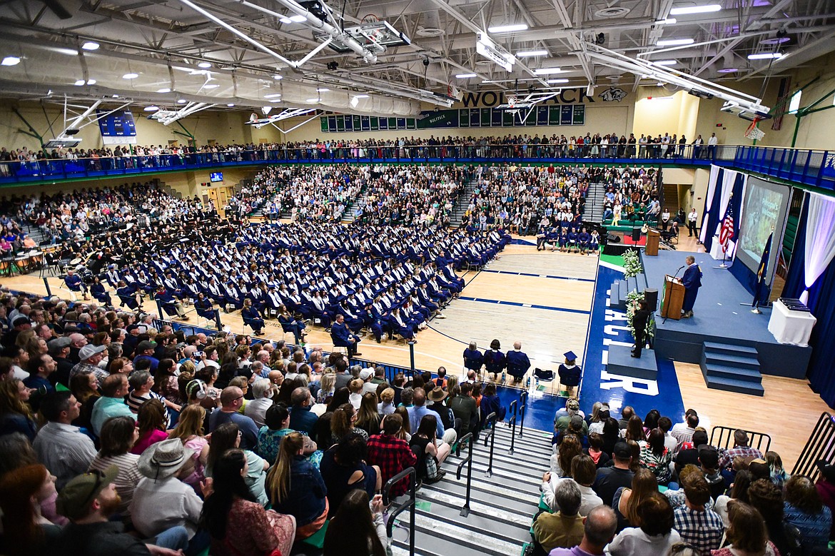 Glacier High School principal Brad Holloway welcomes the crowd to the class of 2024 graduation ceremony on Saturday, June 1. (Casey Kreider/Daily Inter Lake)