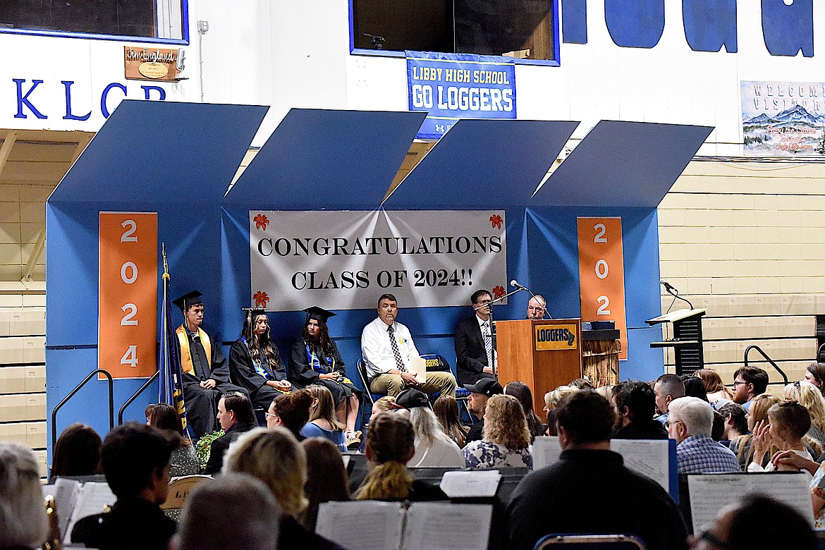 Eighty members of the Libby High School Class of 2024 received their diplomas during graduation ceremonies Saturday, June 1, 2024. From left, are valedictorian Tyler Andersen, salutatorian Jossalyn White, senior class vice president Paislee MacDonald, commencement speaker Jack Mehn. superintendent Ron Goodman and principal Jim Germany. (Scott Shindledecker/The Western News)