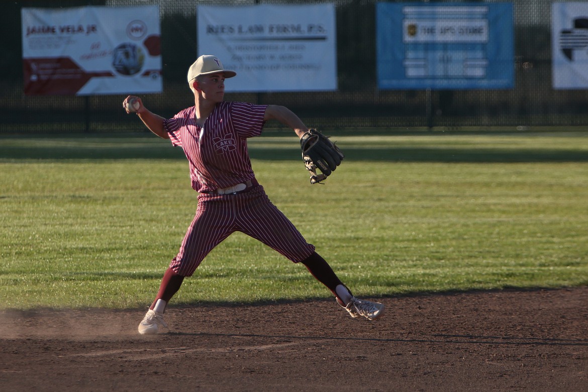 Moses Lake senior Jayce Stuart throws the ball back toward first base for an out during the Columbia Basin Big 9 district championship game against Eastmont. The Mavericks won both league and district titles this spring, reaching their fifth consecutive state tournament.