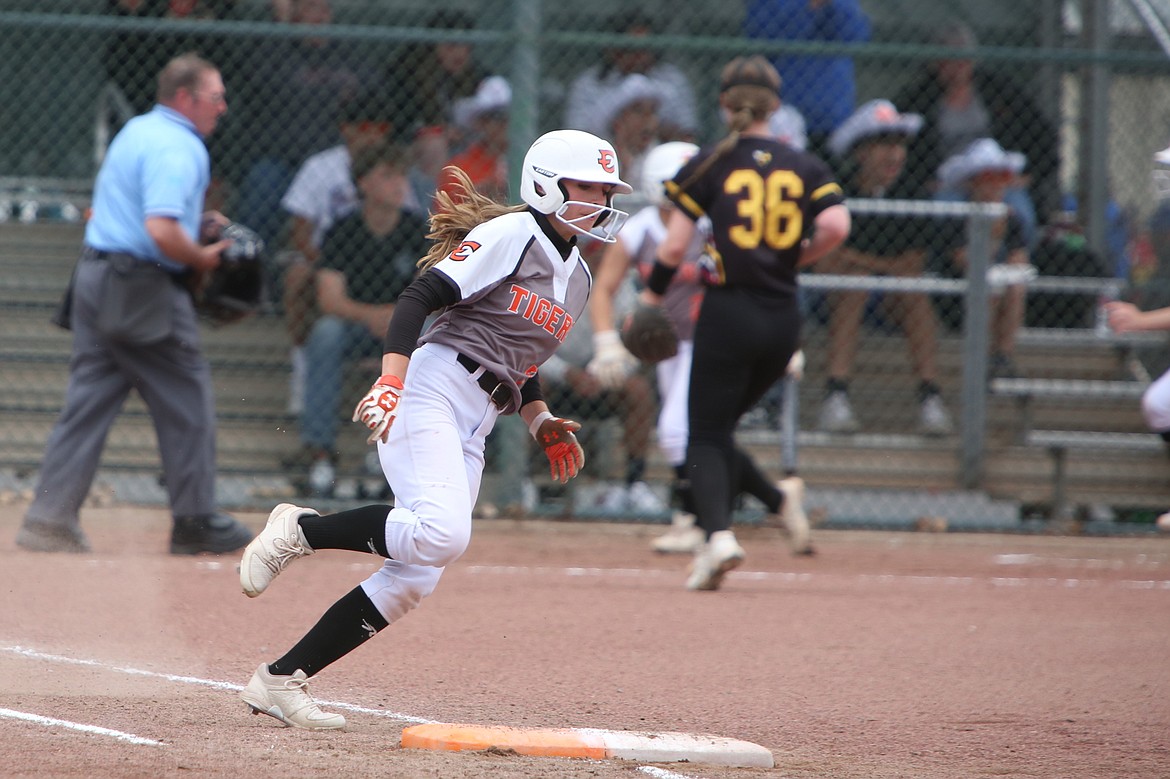 Ephrata junior Auddy Gray rounds first base during the Tigers’ consolation game against Enumclaw at the 2A State Softball Tournament in Selah. Ephrata returned to the state tournament for the first time since 2019 this spring.