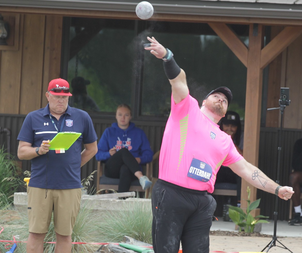 JASON ELLIOTT/Press
Payton Otterdahl releases an attempt during the men's shot put at the Iron Wood Throws Classic on Saturday at the Iron Wood Throws Training Center in Rathdrum.