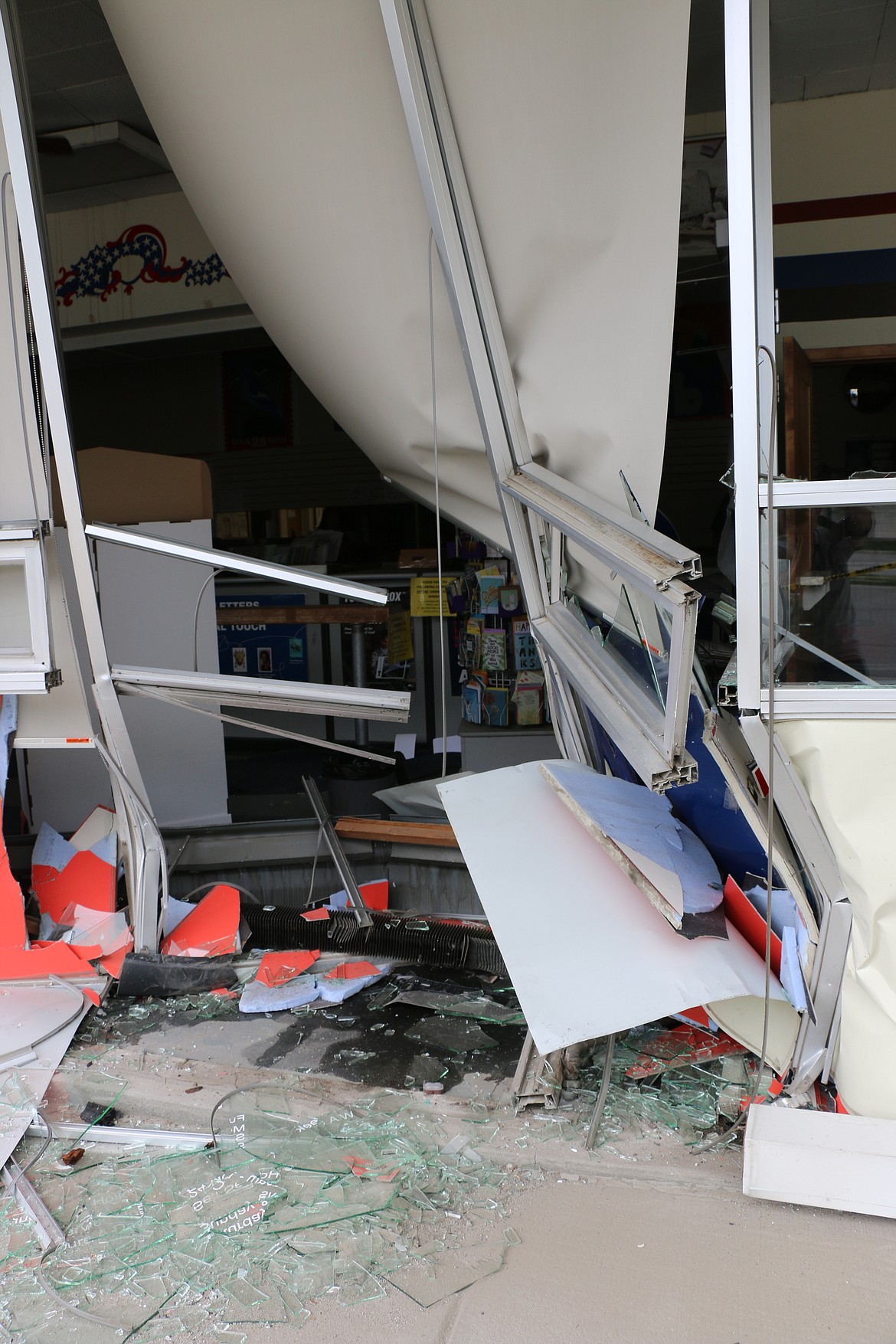 The inside of the Sandpoint post office can be scene after a Saturday afternoon crash caused significant damage to the building. Sandpoint Police said the driver mistook their gas pedal for their brakes and accelerated into the building. The individual was taken to the hospital as a precaution.