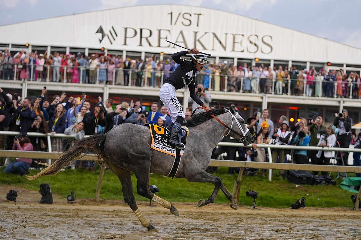 JULIO CORTEZ/Associated Press
Jaime Torres, atop Seize The Grey, reacts after crossing the finish line to win the Preakness Stakes on May 18 at Pimlico Race Course in Baltimore.