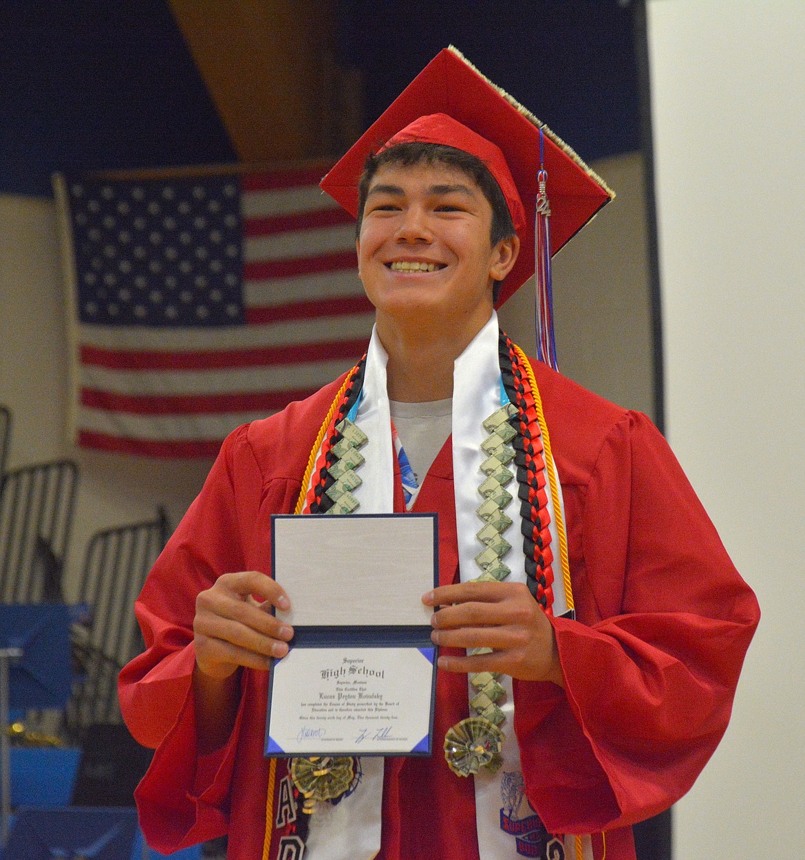 Lucas Kovalsky stands proudly with his diploma from Superior High School. His future plans are to attend a linemen training program through Montana Tech in Butte. (Mineral Independent/Amy Quinlivan)