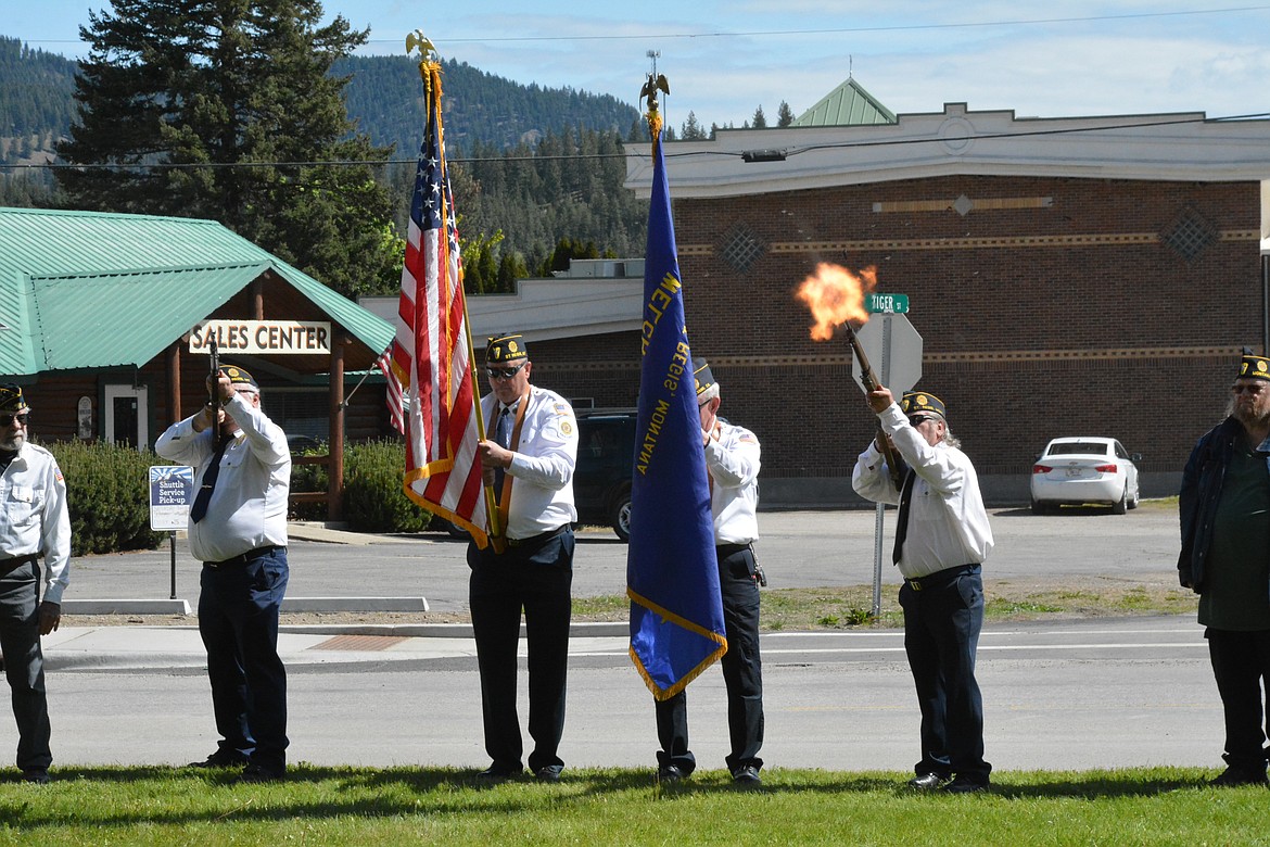 The color guard from the Ray Welch American Legion Post 13 in St. Regis performed its three volley salute, and held its annual wreath placing ceremony in honor of Memorial Day on Monday May 27. (Mineral Independent/Amy Quinlivan)