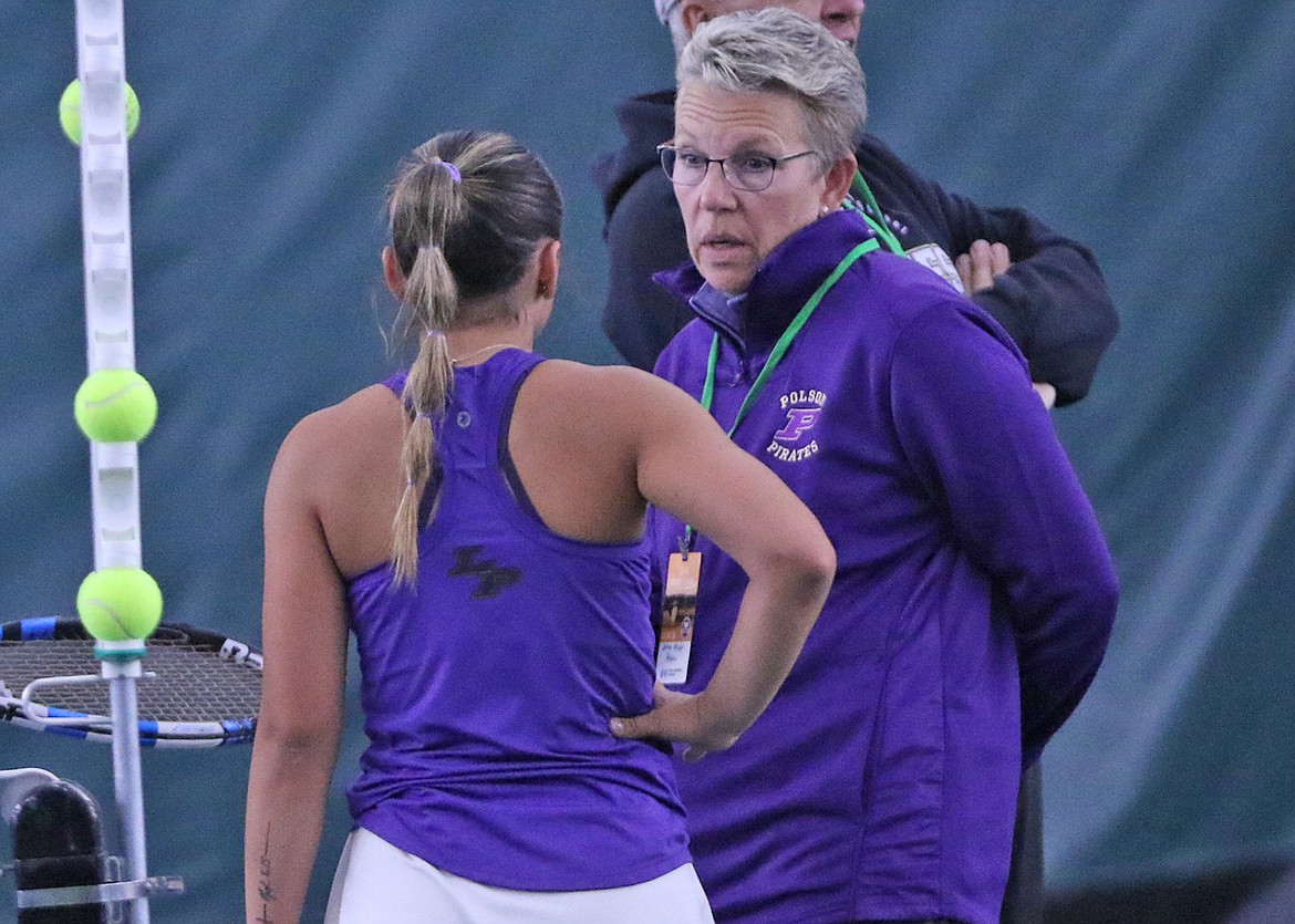 Donna Hislop, shown here coaching a Lady Pirate at the State Class A Tennis Tournament, was recently named Assistant Coach of the Year by the Montana Coaches Association. (Bob Gunderson photo)