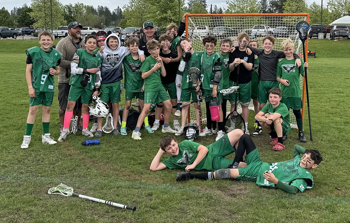 Courtesy photo
The North Idaho Youth Lacrosse grade 5/6 Falcons Green team won the Silver bracket championship at the Spokane LaxFest on June 1-2 beating the NW Sharpshooters 5/6 Green team (Kalispell, Mont.) 4-2. In the front from left are Wyatt Carpenter and Connor Smalley; and back row from left, Blake Parkinson, Chris Elliot, Liam Elliot, Hawke Warren, Levi Drake, Spencer Gerrick, coach Kam Dahlin, Linkoln Todd, McCoy Jolley, EJ Dahlin, Tristan Matthews, Keegan Rosenberger, Levi Tebbe, Barrett Halgren, Luke Nicholson, Camden Glindeman, Liam Clark and Gabe Stearns.