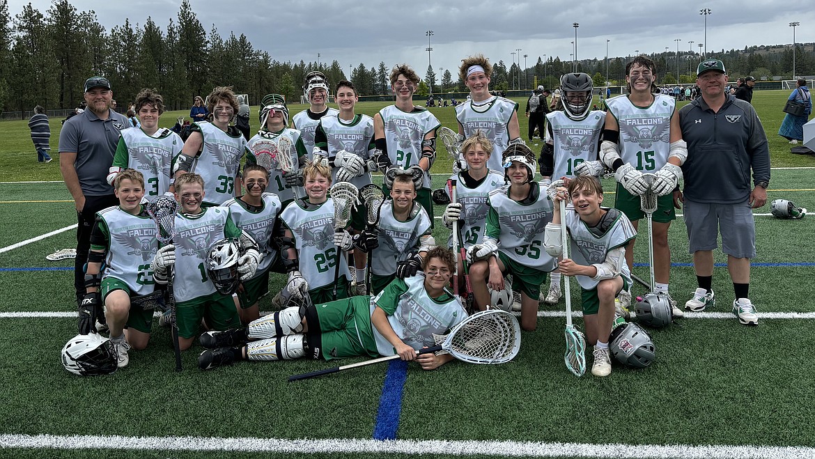 Courtesy photo
The North Idaho Youth Lacrosse grade 7/8 Falcons Green team won the Silver bracket championship in the Spokane LaxFest on June 1-2, with a 9-5 win over the Tri-Cities 7/8 Jokers team (Kennewick, Wash.). In the front center is Gabriel Thexton; first row from left, Logan Parkinson, Berkley Todd, Hayden Christensen, Parker Stearns, Bekkem Pelsma, Wesley Morlock, Seth Gerrick and Ian Osterdock; and back row from left, assistant coach Andrew Pelsma, Eli Peak, Blake Legler, Landon Kroepfl, Fisher DePriest, Liam Alderman, Jackson Tanner, Max DeMarre, Griffin McMeekan, Breckin Jolley and head coach Karl Todd. Not pictured is Brady Thompson.