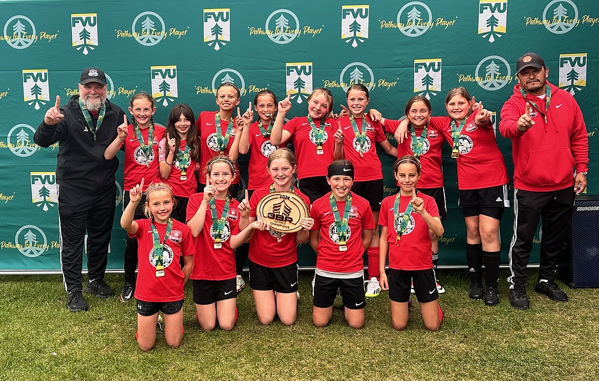 Courtesy photo
The 2013 Thorns girls Silver soccer team took first place in the U-11 Silver division of the 3 Blind Refs tournament in Kalispell, Mont., last weekend. In the front row from left are Viper Barnes, Kinsley May, Kaylee Evans, Emma Storlie and Amalia Cramer; and back row from left, assistant coach Gary Evans, Evellyn Howard, Sophia Quigley, Alexis Morisette, Hayden Hays, Vera Eveland, Novalee Hoel, Nora Snyder, Eva Frost and head coach Tomas Barrera.