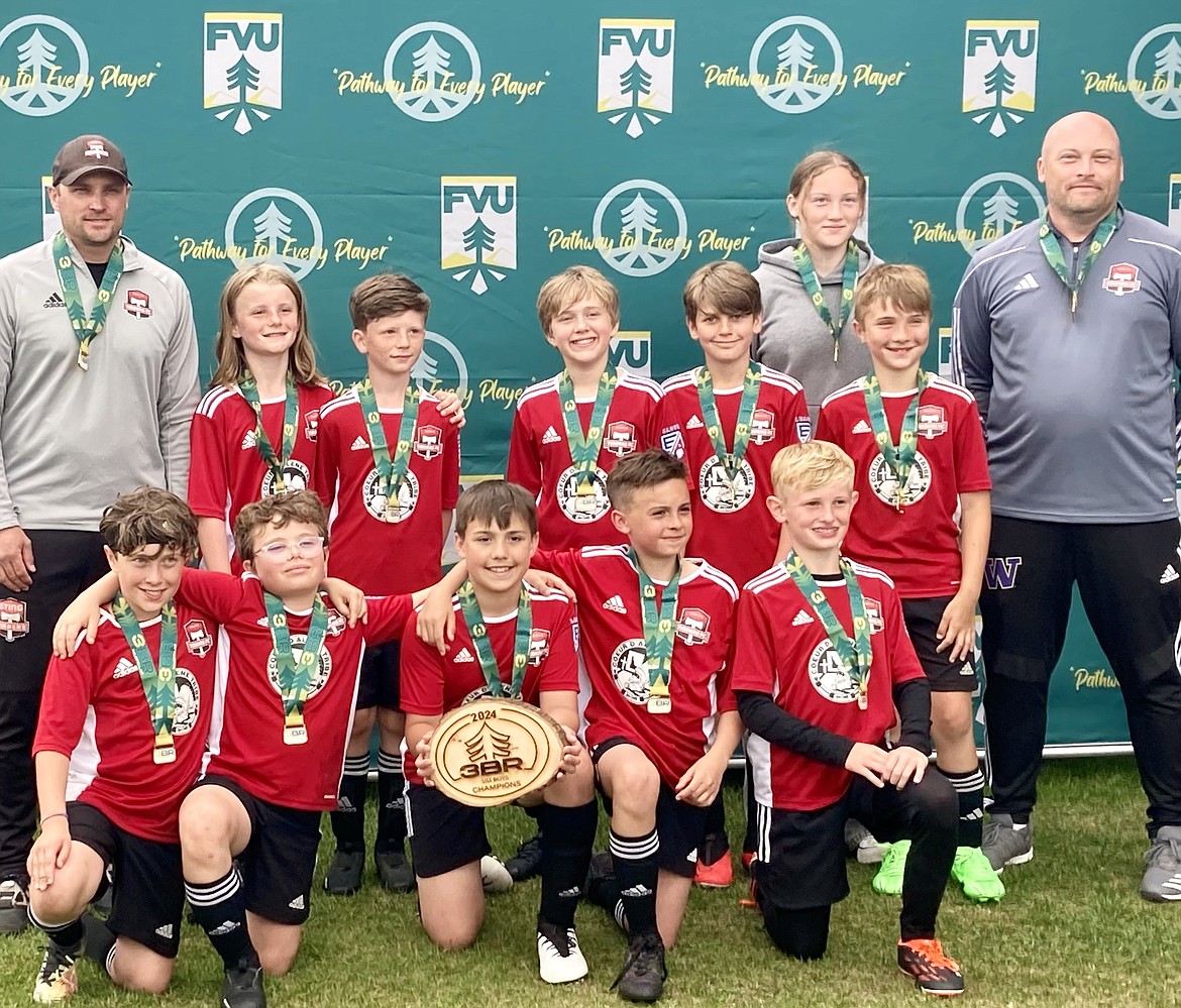 Courtesy photo
The Timbers North FC 13 Boys White soccer team beat Avalanche FC North Idaho 2-1 in the championship game of the 3 Blind Refs tournament last weekend in Kalispell, Mont. Timbers goals were scored by Hunter Hermance and EJ Von Behren. In the front row from left are Hudson Herbert, Liam Jell, Shane Staeheli, Sterling Tate and EJ Von Behren; and back row from left, coach Jon Baune, Beau Broker, Kleh Rogers, Zachary Childress, Hunter Hermance, coach Jaina Grothe, Knolyn Kuhn and coach James Grothe.