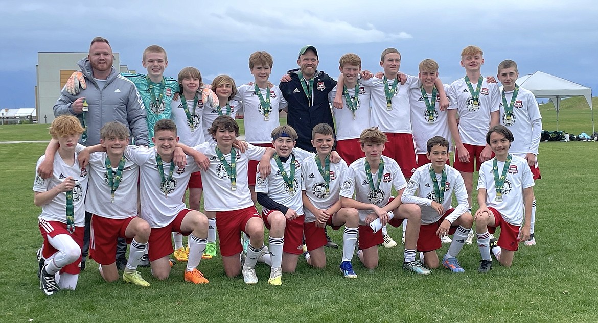 Courtesy photo
The Timbers 2010 Premier boys soccer team took first place last weekend at the 3 Blind Refs Tournament in Kalispell, Mont. In the front row from left are Isaac Jackson, Zack Burkwist, Hudson Fremouw, Jacob Sanford, Logan Rader, Carter Lloyd, Alistair Smith, Mason Cramer and Luka Ranca; and back row from left, coach Stephen Jackson, Kellen Anderson, Michael Steffani, Hunter Moss, coach Landon Anderson, Eli Bardwell, Easton Clyne, Elias Herzog, Jameson Meyer and Brodie Grimmett.