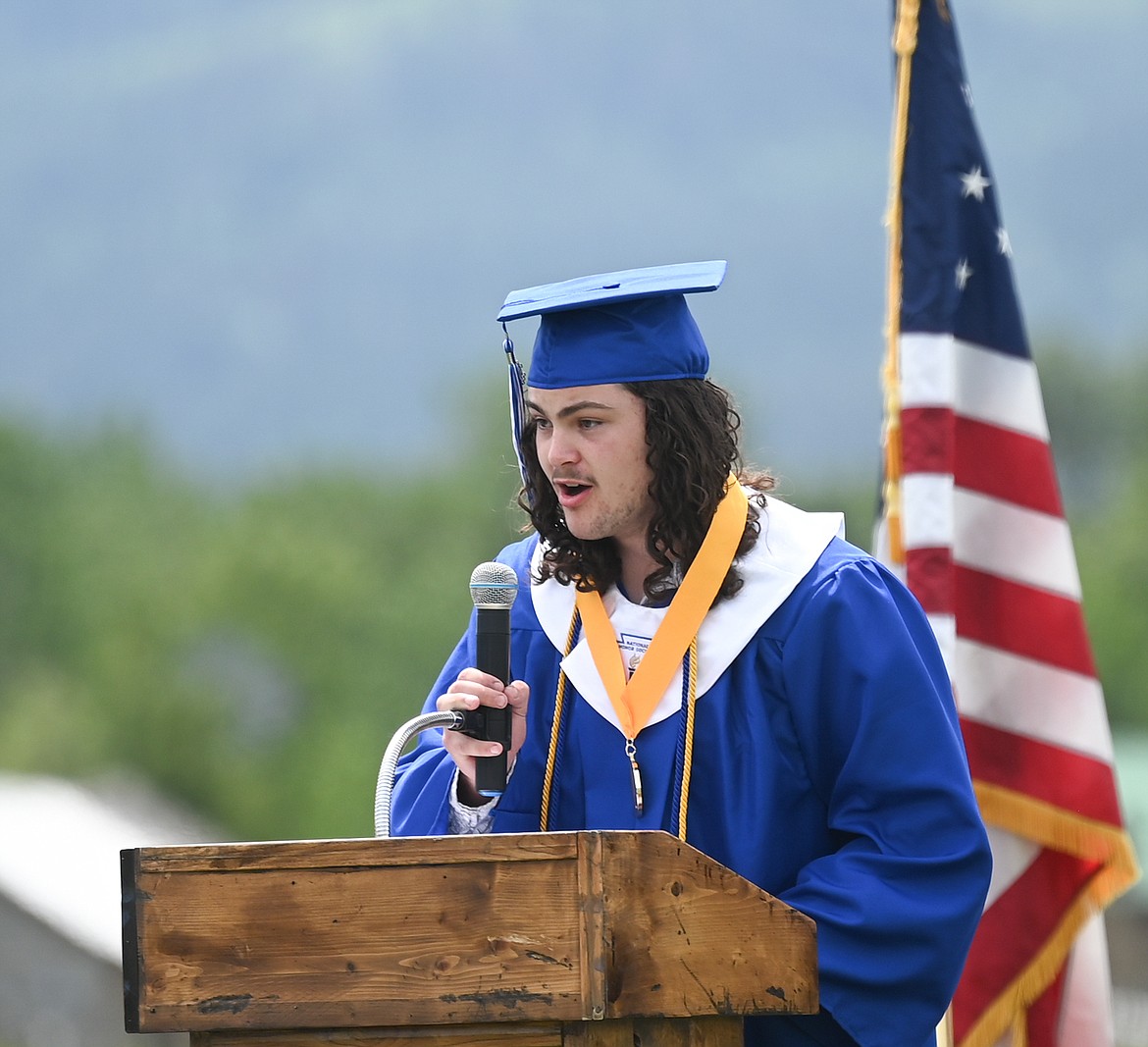 Mission High Valedictorian Sackett Andres tells the audience at Saturday's commencement, "with new generation comes new hope for the future." (Christa Umphrey photo)