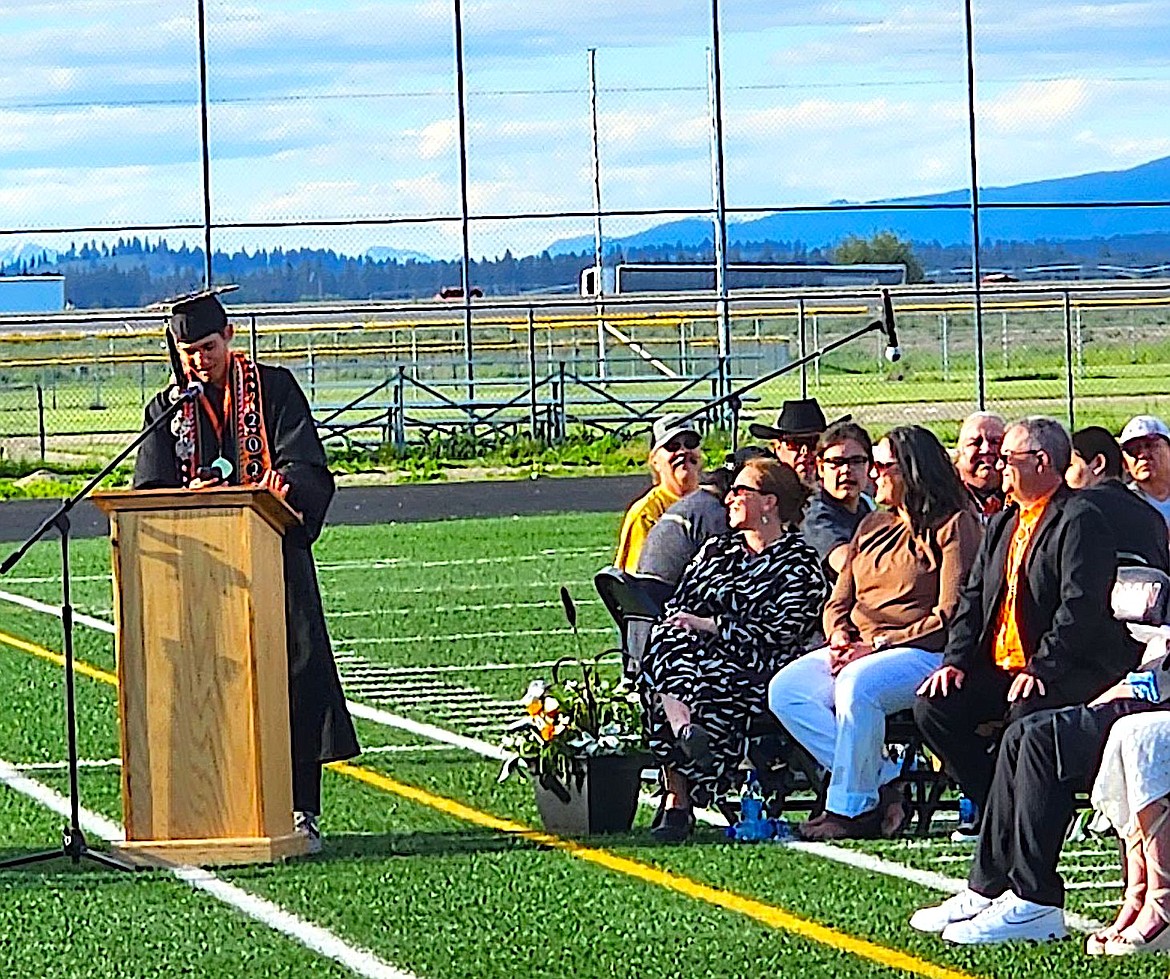 Ronan Class of 2024 Salutatorian Beaudean Decker speaks to the spectators at Ronan's graduation on May 29. (Berl Tiskus/Leader)