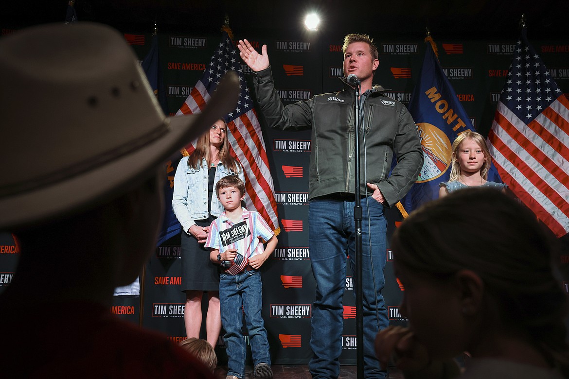 Republican candidate for U.S. Senate Tim Sheehy addresses supporters at a primary election night party in Gallatin Gateway, Mont., on Tuesday, June 4, 2024. (Thom Bridge/Independent Record via AP)