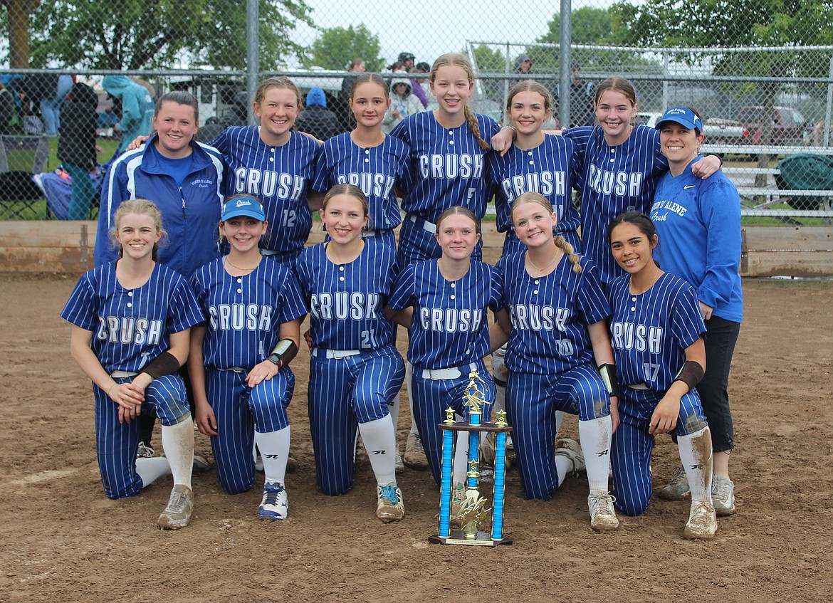 Courtesy photo
The Coeur d’Alene Crush softball team took first place in the 14U Gold bracket at the 27th annual Coeur d'Alene Crush tournament last weekend in Post Falls, with a 7-0 record. Ada Blakemore hit a walk-off two-run home run in the ninth inning of the semifinal game for an 8-7 victory over the Spokane Mudhens, securing the Crush's spot in the championship game. In the front row from left are Macy Waterhouse, Paityn Froman, Maddy Pratt, Molly Nelson, Madeline Peterson and Jaiden Corbey; and back row from left, coach Bailey Cavanagh, Jenna Davenport, Ada Blakemore, Sophia Piekarski, Reese Vanek, Rylan Morrison and coach Patti Davenport.