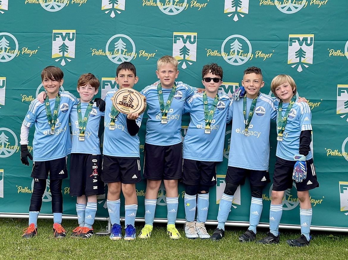 Courtesy photo
The FCNI Avalanche U10 Orange team played up a year last weekend in the U11 division at the 3 Blind Refs tournament in Kalispell, Mont., and took second place in the Bronze division with 2 wins 1 tie and 1 loss. From left are Cole Birdsell, Peyton Pecor, Andres Lujan, Ryker Bailey, Graysen Higgins, Collin Pinchuk and Ezra Herzog.