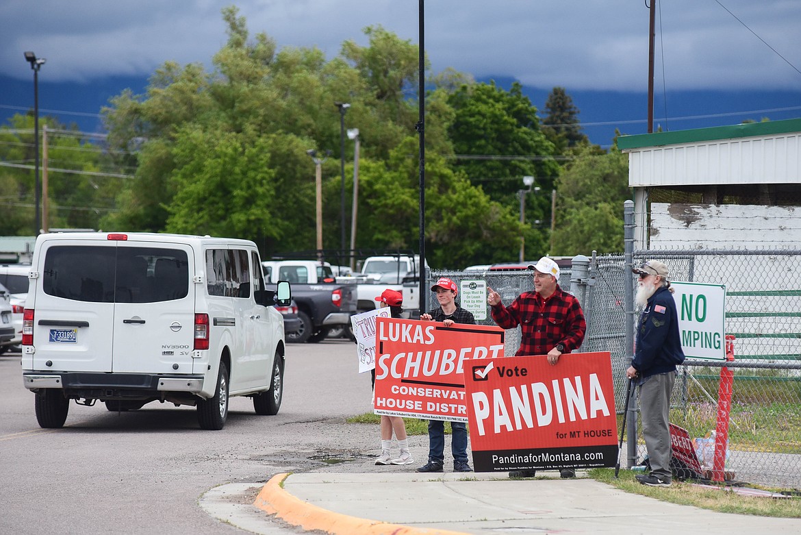 Republicans Lukas Schubert and Shaun Pandina campaign at the Flathead County Fairgrounds on June 4, 2024. (Kate Heston/Daily Inter Lake)