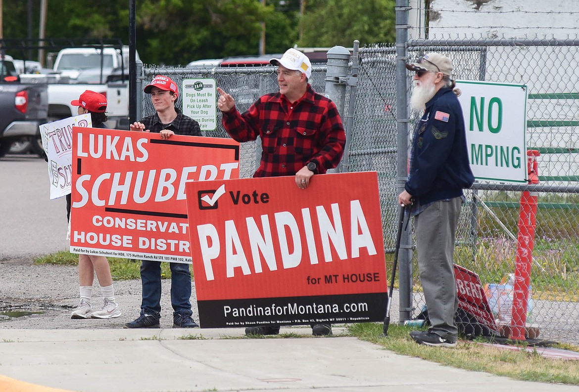 Republicans Lukas Schubert and Shaun Pandina campaign at the Flathead County Fairgrounds on June 4, 2024. (Kate Heston/Daily Inter Lake)