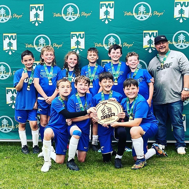 Courtesy photo
The Washington East Surf 2014 Boys soccer team, which includes two players from North Idaho, won the U10 championship of the 3 Blind Refs tournament in Kalispell, Mont., with a 7-6 win over the Foothills Porto Soccer Club from Calgary, Alberta, in the championship game. The game was tied 6-6 when Jaxon Burkholder scored the game-winning goal with a strike into the lower left corner. Burkholder scored five goals, Cameron Walton two for the Surf. In the front row from left are Emmett Schulter, Zac Gbur, Sam Salas and Cooper Meier; and back row from left, Lincoln Villa, Carter Even, Sawyer Crateau (Rathdrum), Jaxon Burkholder (Hayden), Cameron Walter, Thomas Peterson and coach Jason Meier.