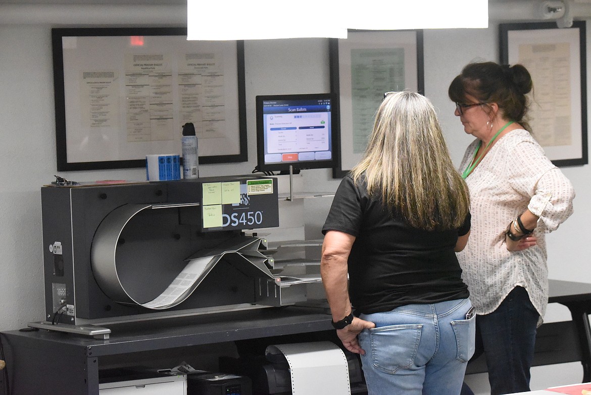 Two Lincoln County election judges run primary election ballots through the tabulating machine on the night of Tuesday, June 4, 2024. (Scott Shindledecker/The Western News)