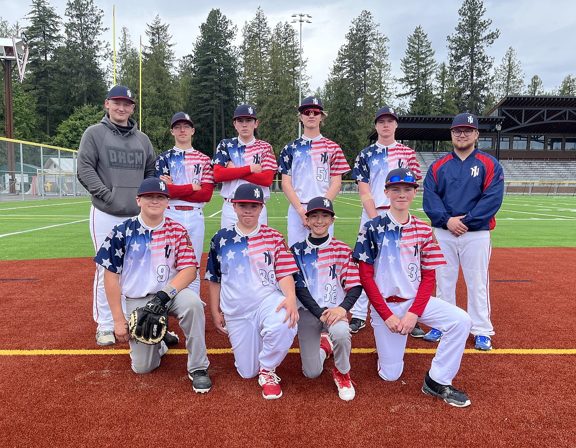 The 2024 16U North Idaho Lakers American Legion baseball team. Back row, from left are assistant coach Zeke Roop, Jacob Alexander, Austyn Young, Kieran Ryan, Karsen Garvin and head coach Blake Sherrill. Front row, from left are Weston Swen, Noah Benner, Cody Gutierrez and Cy Marshall. Not pictured are Brennen Wyman, Hayden Miller, Kanin Nefzger, Trevor Skon and Ty Schrock.