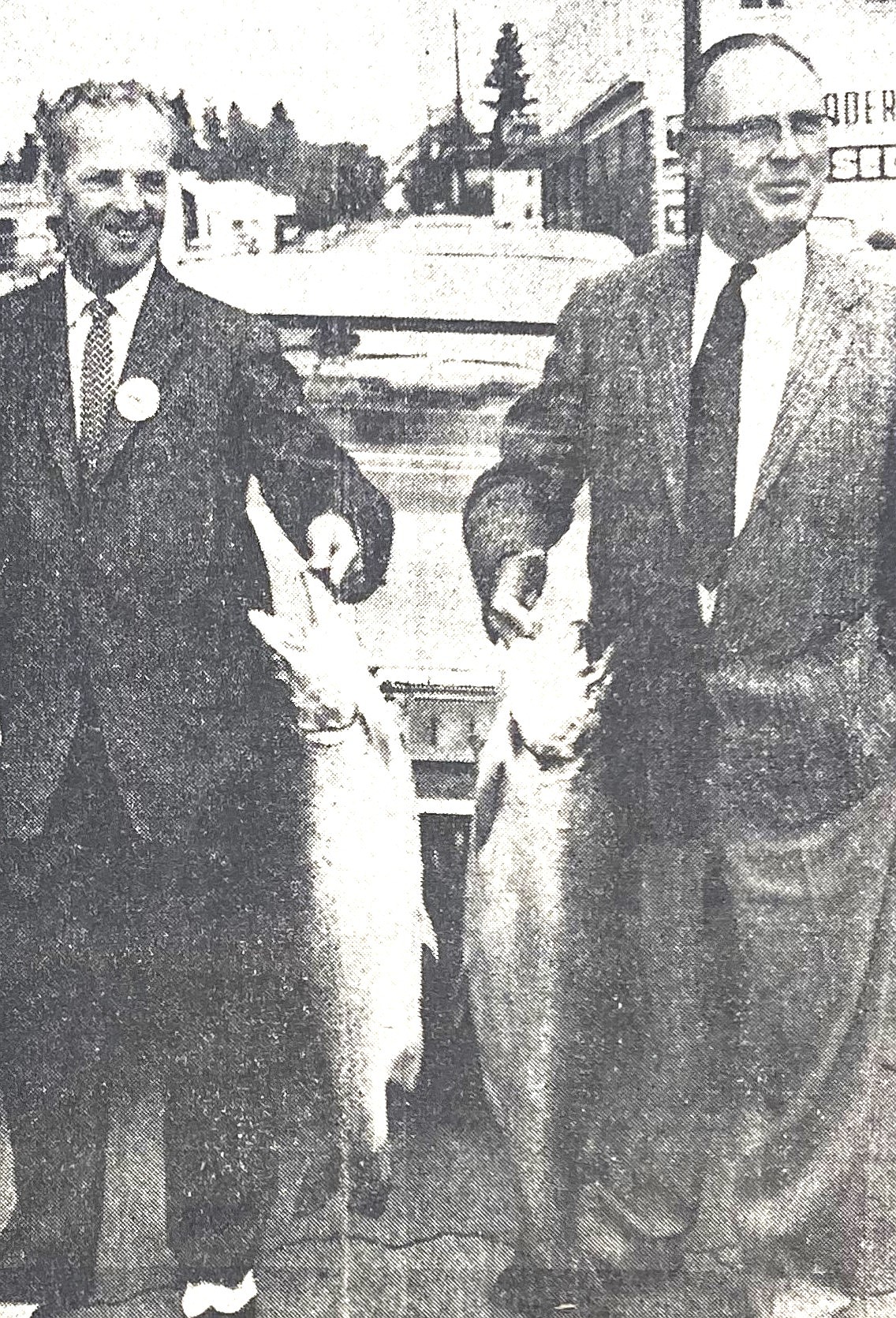 Norris Benson, left, and John Richards displayed the Kamloops that would feed the 1959 Diamond Cup drivers.
