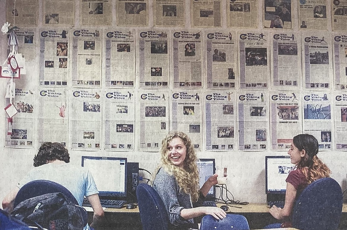 Staffers who prepared the final issue of the Viking Voice in late May 2014 included (from left): Ad manager Kirk Abolafia, photographer Rebecca Pratt and news editor Ariana Sciascia.