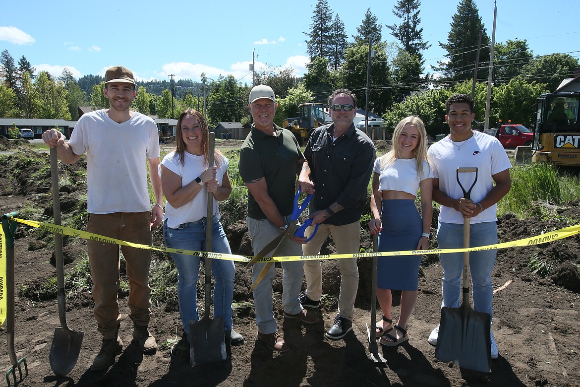 East Sherman Food Trucks broke ground Wednesday at 2002 E. Sherman Avenue in downtown Coeur d'Alene. The 10-truck food court is expected to open for business in September. From left: Tanden Launder, Kellie King, owners Timm King and Evan Blake, Kylee King and Johnny Milo.