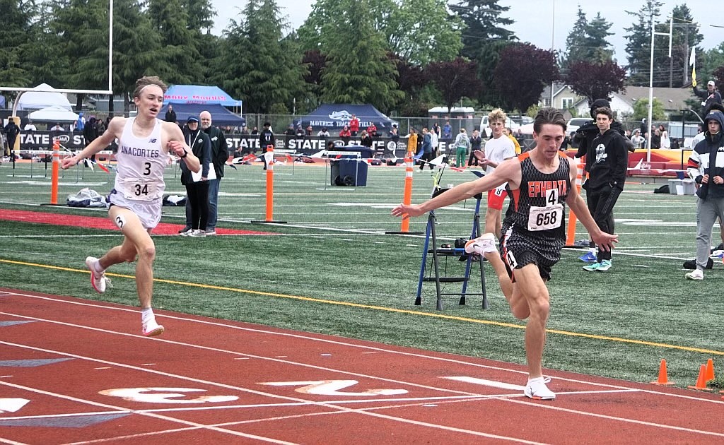 Ephrata senior Hayden Roberts crosses the finish line during the 800-meter finals at the 2A State Track and Field Championships in Tacoma. Roberts set a new personal best in the event with a time of 1:54.1 minutes, a new program-best for the Tigers.