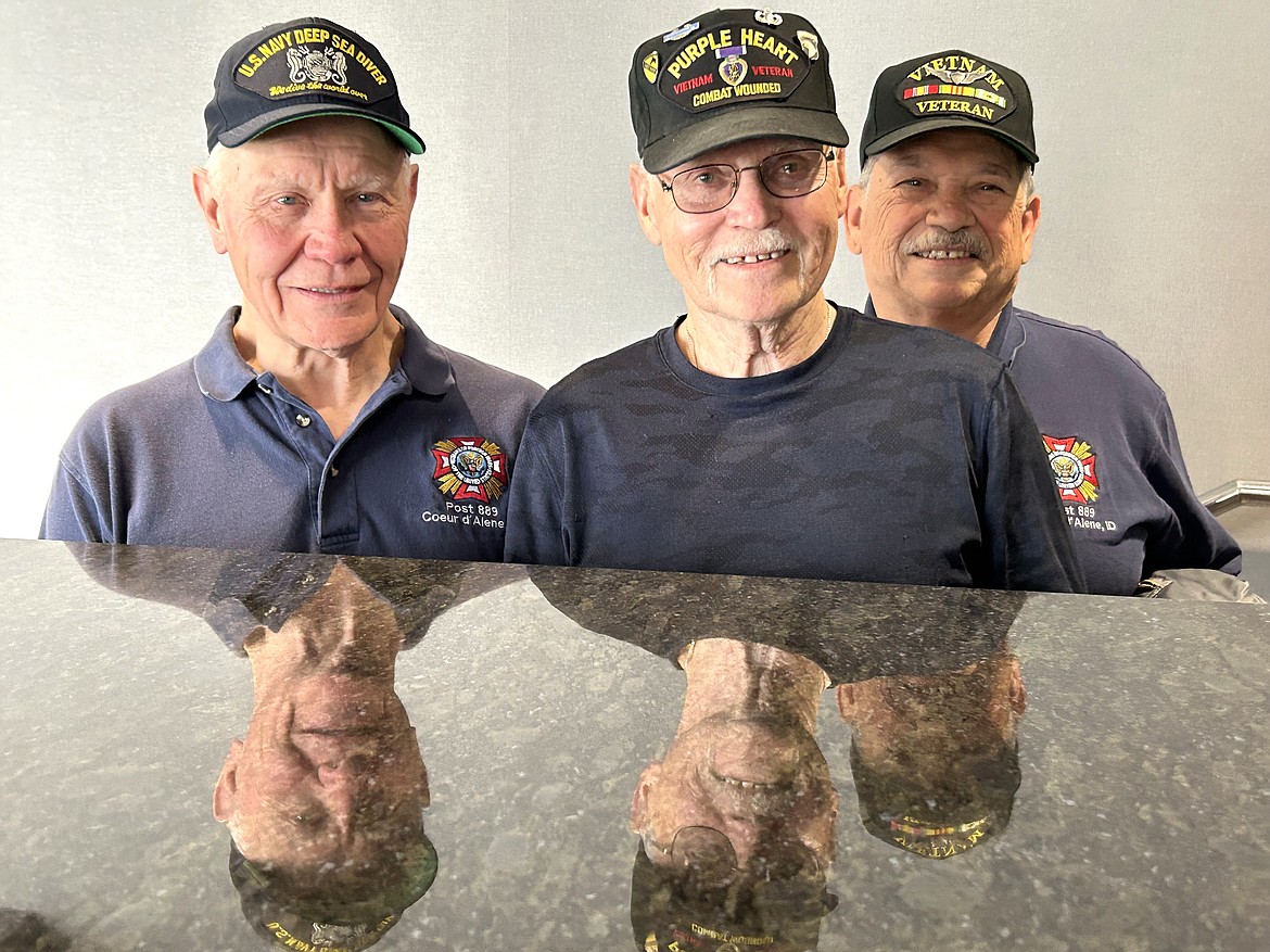 Coeur d'Alene VFW Post 889 members David Morgensen, left, Bob Martin, center, and Paul Mahlow reflect on the impact of D-Day for its 80th anniversary.