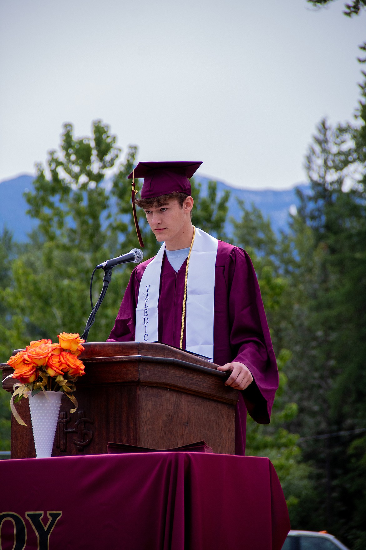 Troy High School valedictorian Silas Garrison speaks at the Class of 2024 graduation Saturday, June 1. (Photo courtesy Jaylynn Meyers, J-Lens Photography)