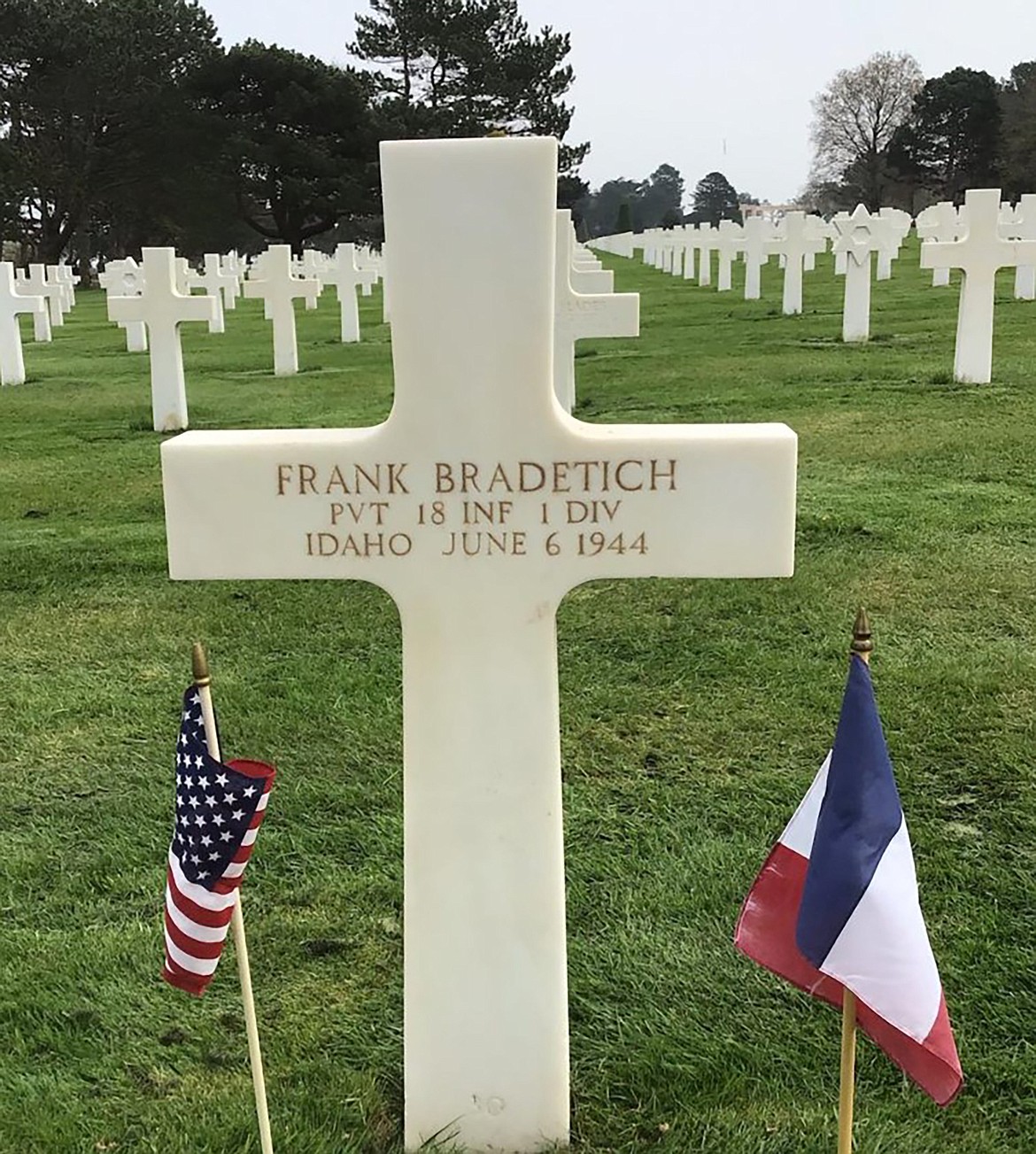 A photo of Frank Bradetich's grave at the Normandy American Cemetery and Memorial
in Colleville-sur-Mer France. The Sagle native was killed on Omaha Beach during the June 6, 1944, D-Day invasion.