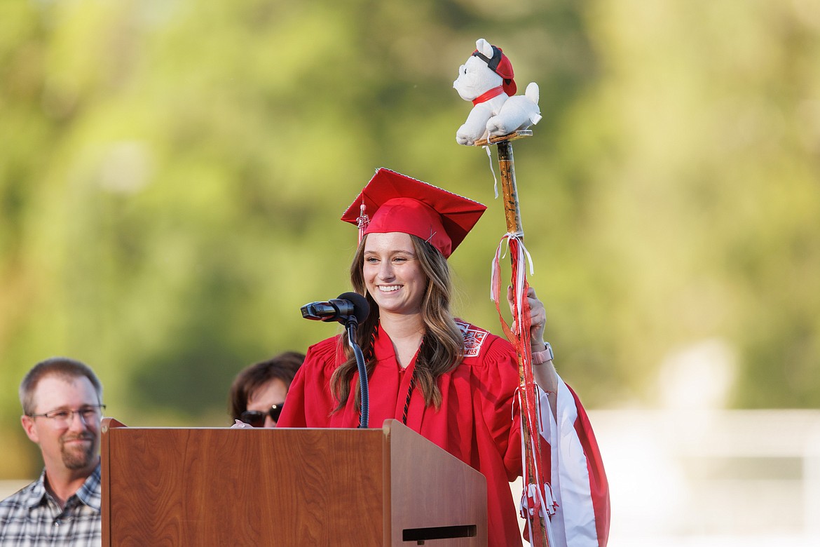 Taylor Granier, Class of 2024 class president, proudly displays the spirit stick at Friday's graduation that the class, technically, never lost as she recalls what she will remember most about her time at Sandpoint High School.