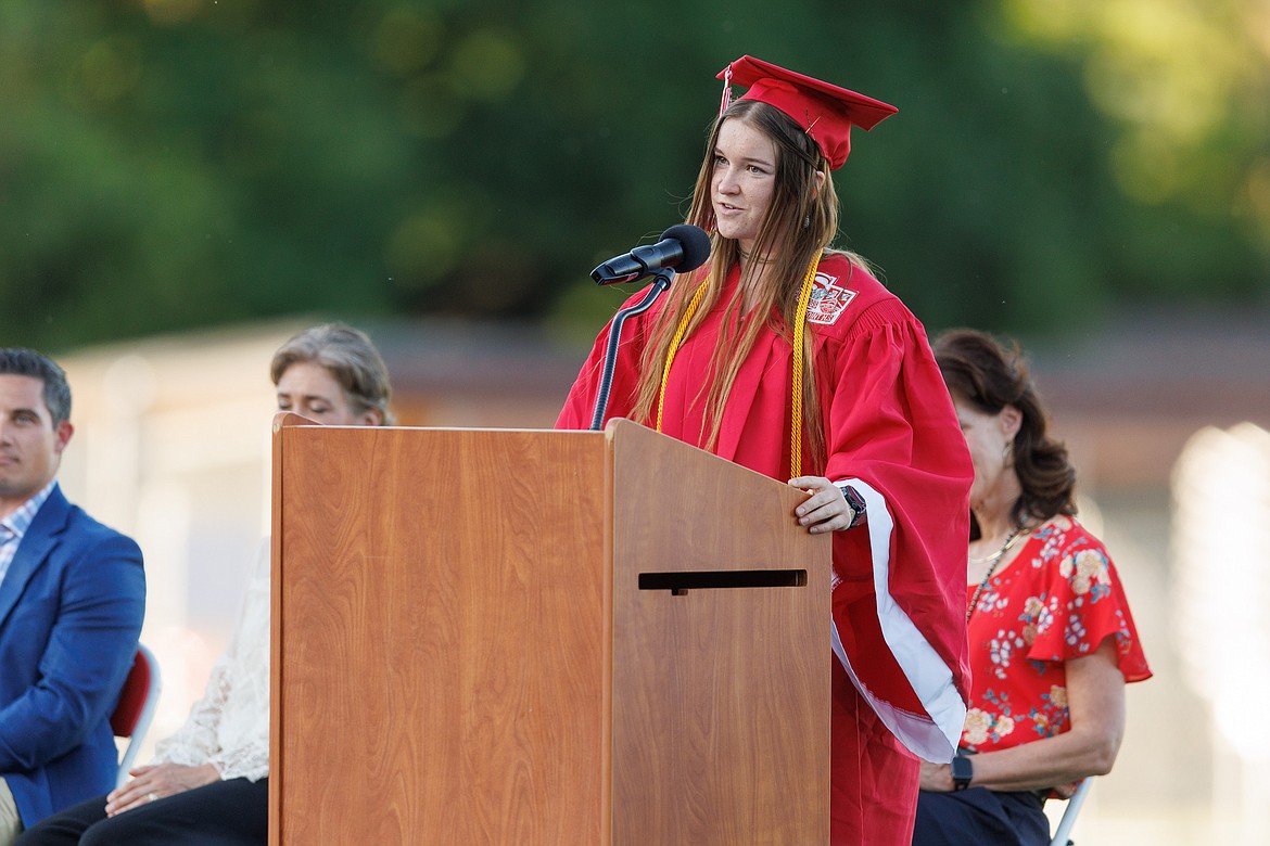 Devin McDaniel, Sandpoint High School Class of 2024 valedictorian, talks to fellow graduates about inspiration and their futures at Friday's commencement at War Memorial Field.