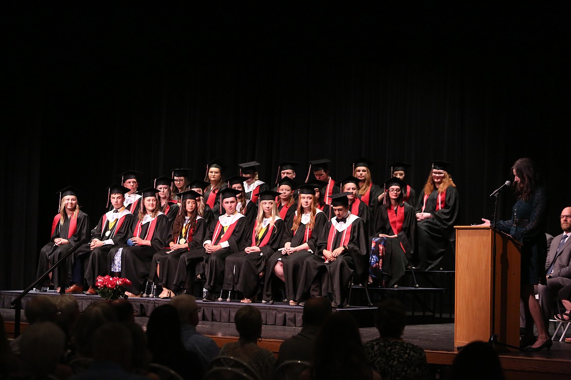 The Almira/Coulee-Hartline graduating class listens to a speech during Saturday’s graduation ceremony.