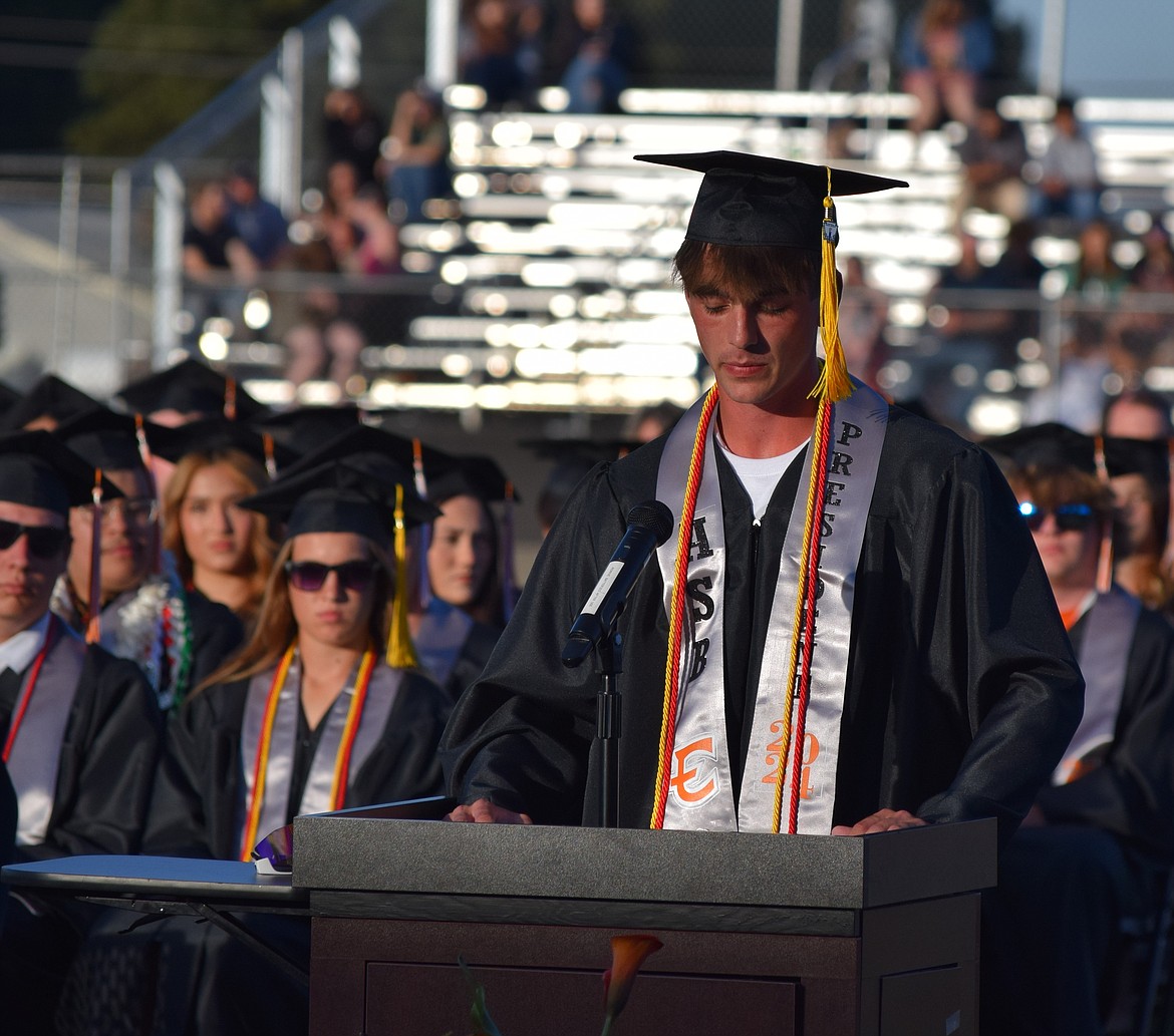 Associated Student Body President and now-Ephrata High graduate Hayden Roberts speaks during the Ephrata High commencement ceremony. He congratulated his classmates and expressed deep appreciation for the support the Ephrata community has provided to the 2024 Tigers.