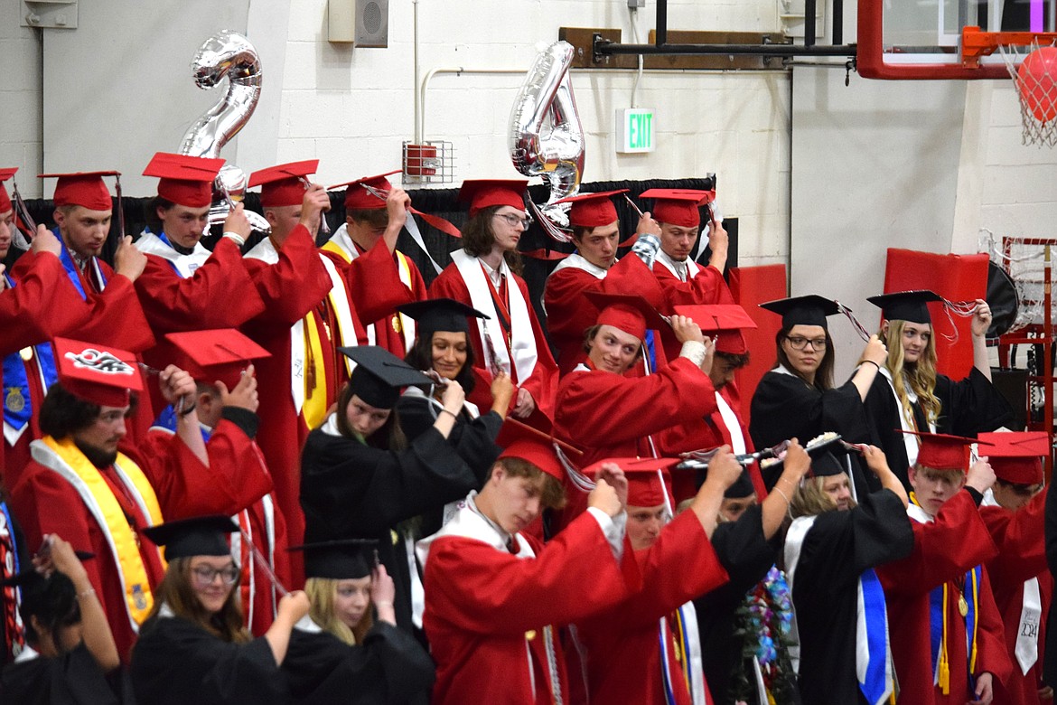 Lind-Ritzville High School’s Class of 2024 move their tassels to the other side of their cap, officially marking their graduation during the ceremony June 1.