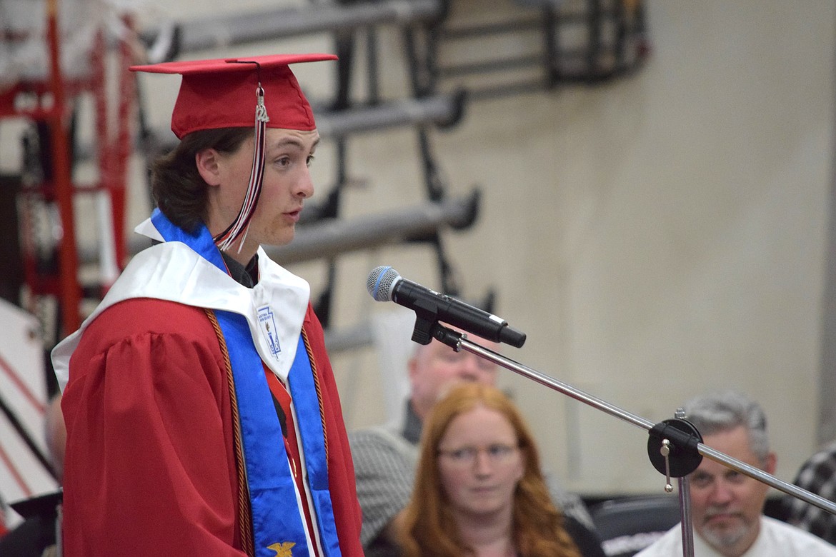 Lind-Ritzville High School senior Lane Tellefson gives the farewell address prior to the awarding of this year’s diplomas.