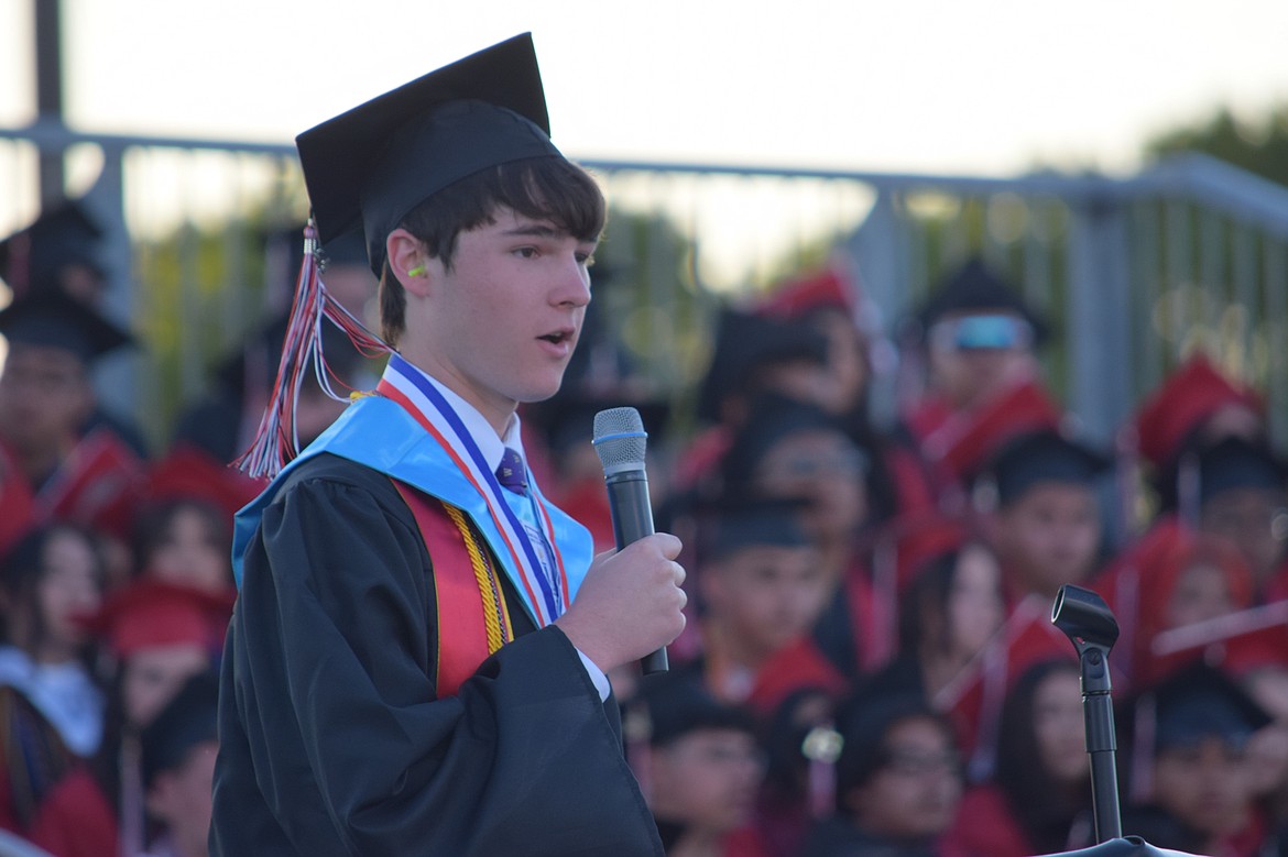 Othello High School Co-Valedictorian, Matthew Perez, speaks during the 2024 graduation ceremony.