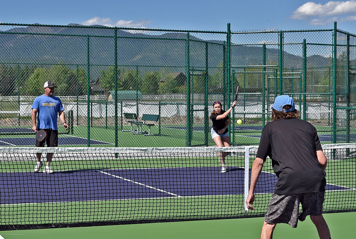 Players enjoy a game on the new pickleball courts at Smith Fields. (Julie Engler/Whitefish Pilot)