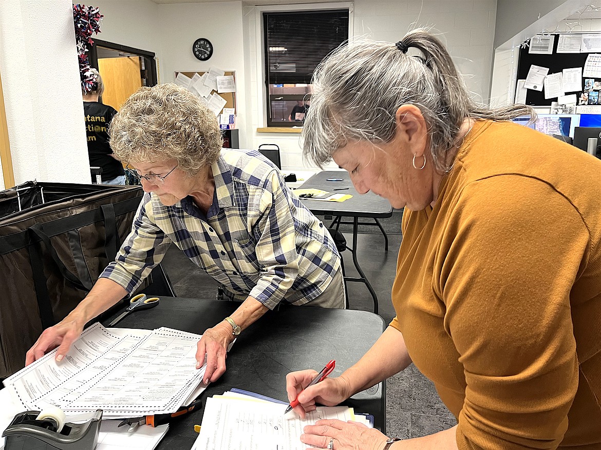 Election judges Sherry Nelson and Paula Craft carefully tally ballots turned in to the Lake County Election Office last Tuesday before sending the box upstairs to the third-floor tabulation room. (Kristi Niemeyer/Leader)