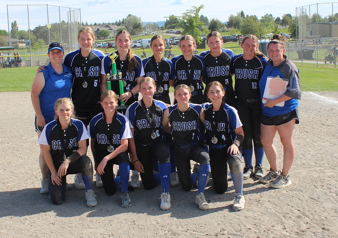 Courtesy photo
The Coeur d’Alene Crush took second place in the 14U Gold Bracket at the Emeralds Smash softball tournament last weekend in Kalispell, Mont. In the front row from left are Macy Waterhouse, Paisley Johnson, Madeline Peterson, Molly Nelson and Paityn Froman; and back row from left, coach Patti Davenport, Sophia Piekarski, Rylan Morrison, Ada Blakemore, Reese Vanek, Maddy Pratt, Jenna Davenport and coach Bailey Cavanagh.