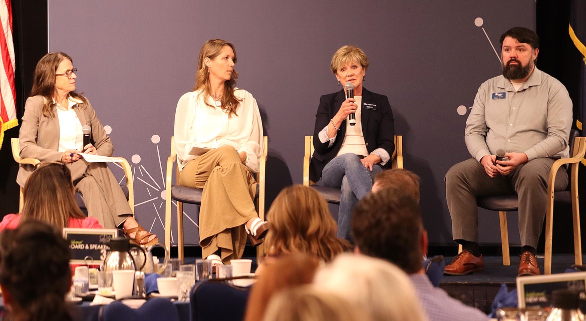 A panel of speakers take the stage at The Coeur d'Alene Resort on Tuesday for the Coeur d'Alene Regional Chamber's Upbeat Breakfast forum on solutions to the affordable housing shortage. From left, moderator Kiki Miller, Tess Reasor of HomeShare, Maggie Lyons of Panhandle Affordable Housing Alliance, and James Casper of Habitat for Humanity.