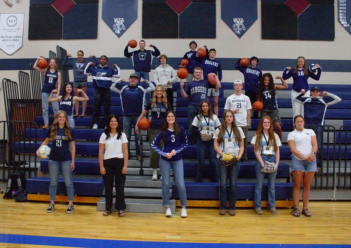 Bonners Ferry High School All League, district champions, state placers and state champions. Not all athletes were present for the photo. 
(front row, left) Brenly Hymans, Avery Bayer, Aspen Hill, Taylor Sumpter, Ava Rederickson, Braylyn Bayer. (second row) Markynn Pluid, Jode Curtis. (third row) Sydney Beckle, Eli Leyden, Trey Bateman, Eli Newell, Asha Abubakari, Brandon Williams. (fourth row) Taren Bateman, Eva Willsi, Jesse Fess, Asher Williams, Eli Blackmore, Helene Rae. (top row) Matisyn Stiern, Thomas Bateman and Brody Rice.