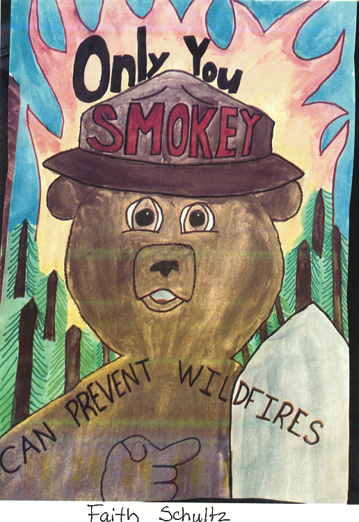 Dalton Elementary fifth grader Faith Schultz's winning poster art for the National Garden Clubs, Inc. Smokey Bear and Woodsy Owl Poster Contest.