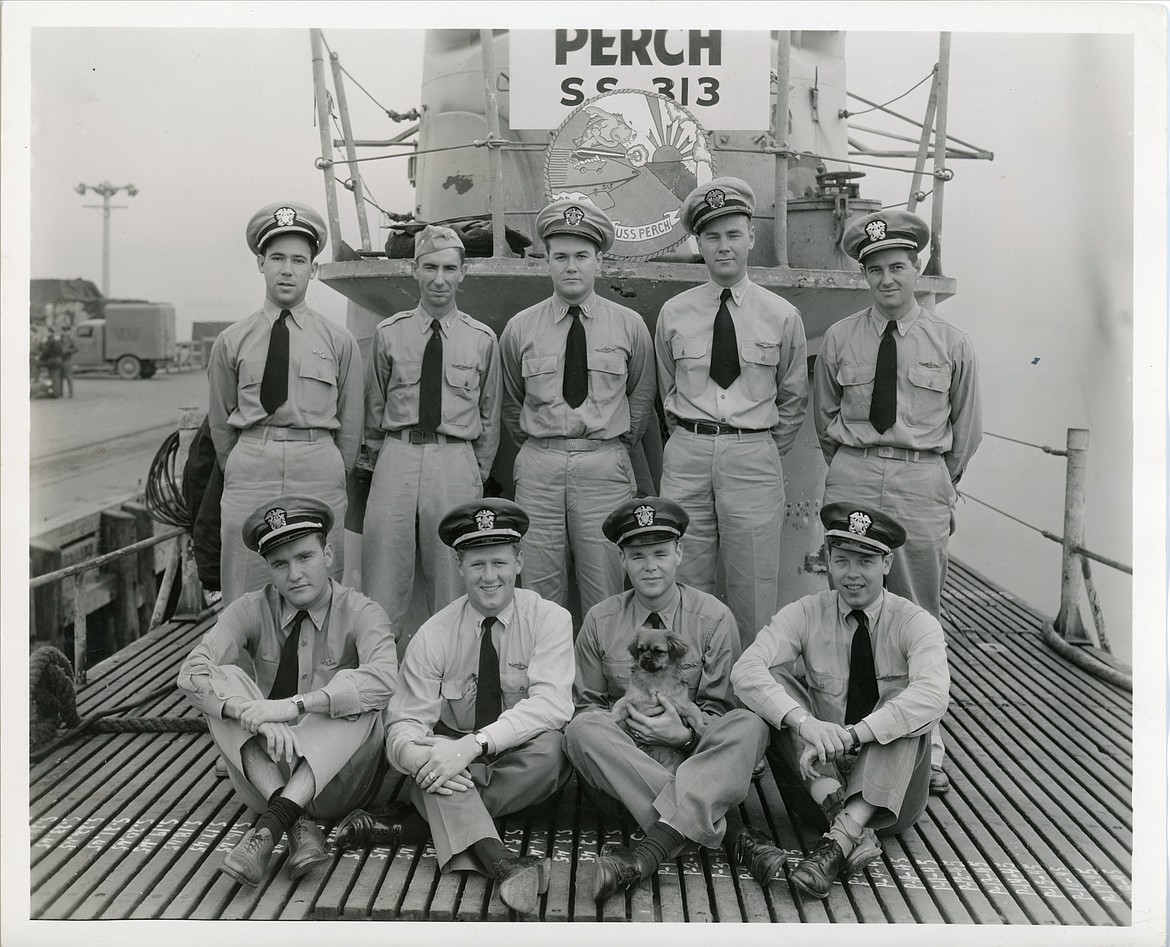 Kalispell native and U.S. Navy submariner Harry Anderson, pictured in the first row on the right aboard USS Perch SS-313, donated military memorabilia on display at the Northwest Montana History Museum in Kalispell.(Courtesy photo)